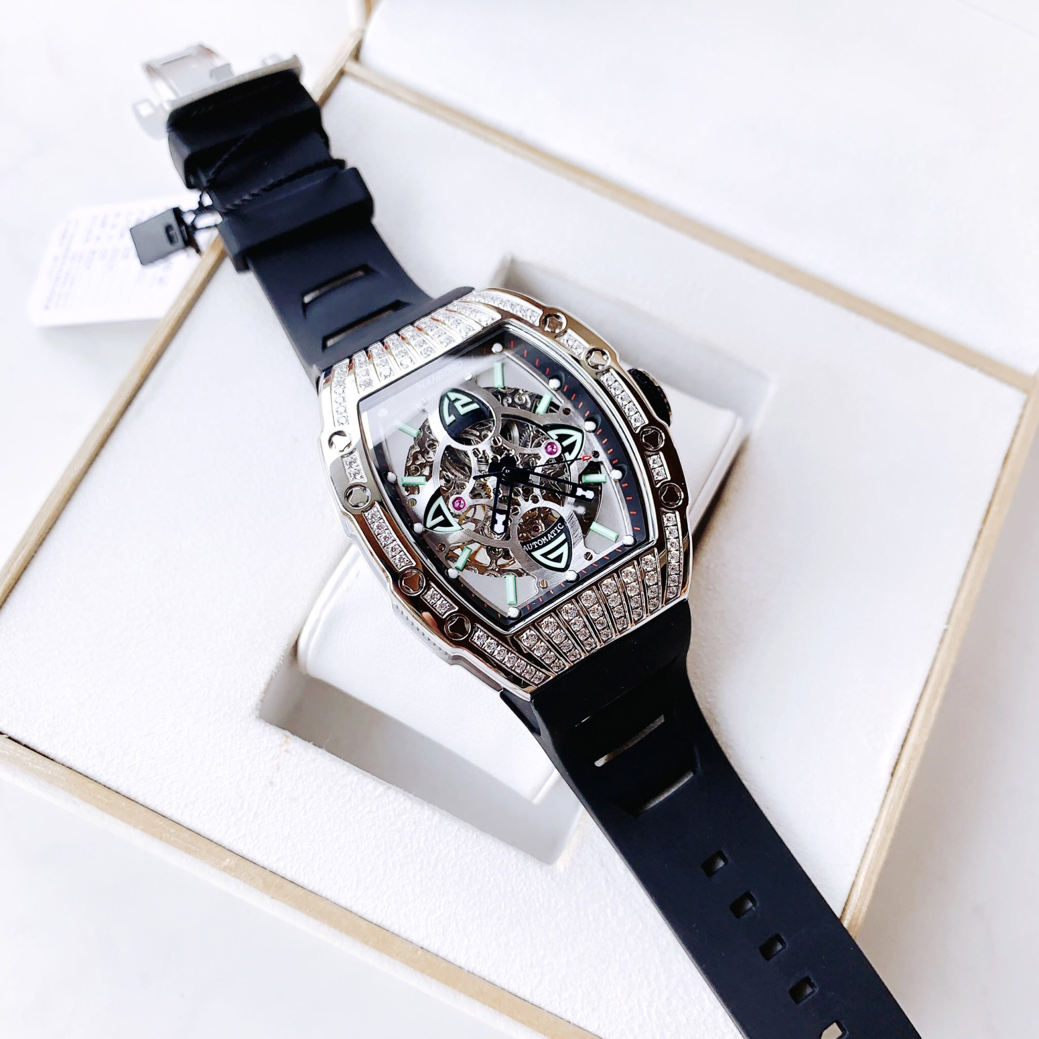 Đồng hồ cơ nam Hanboro Automatic chính hãng đính đá dây cao su Đồng hồ cơ nam Hanboro Automatic chính hãng đính đá dây cao su