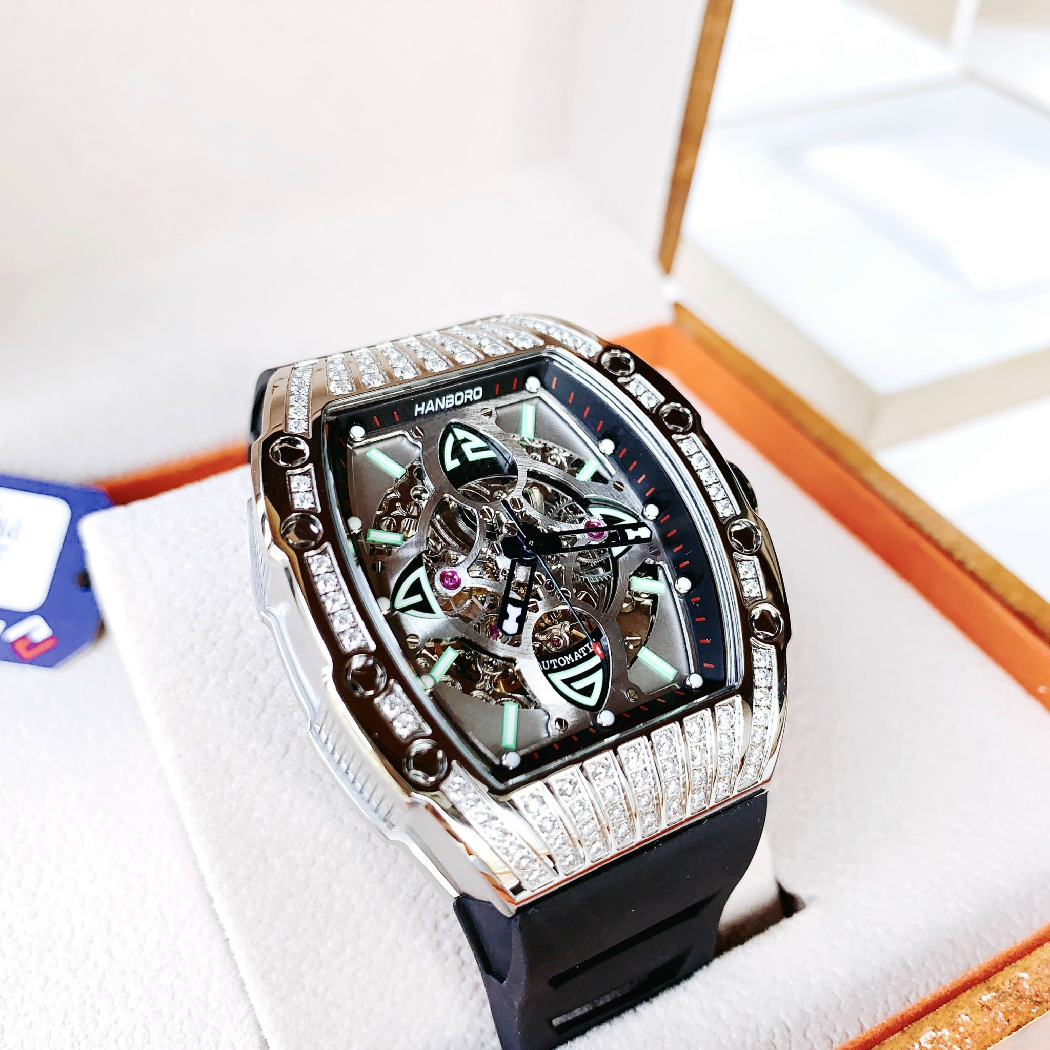 Đồng hồ cơ nam Hanboro Automatic chính hãng đính đá dây cao su