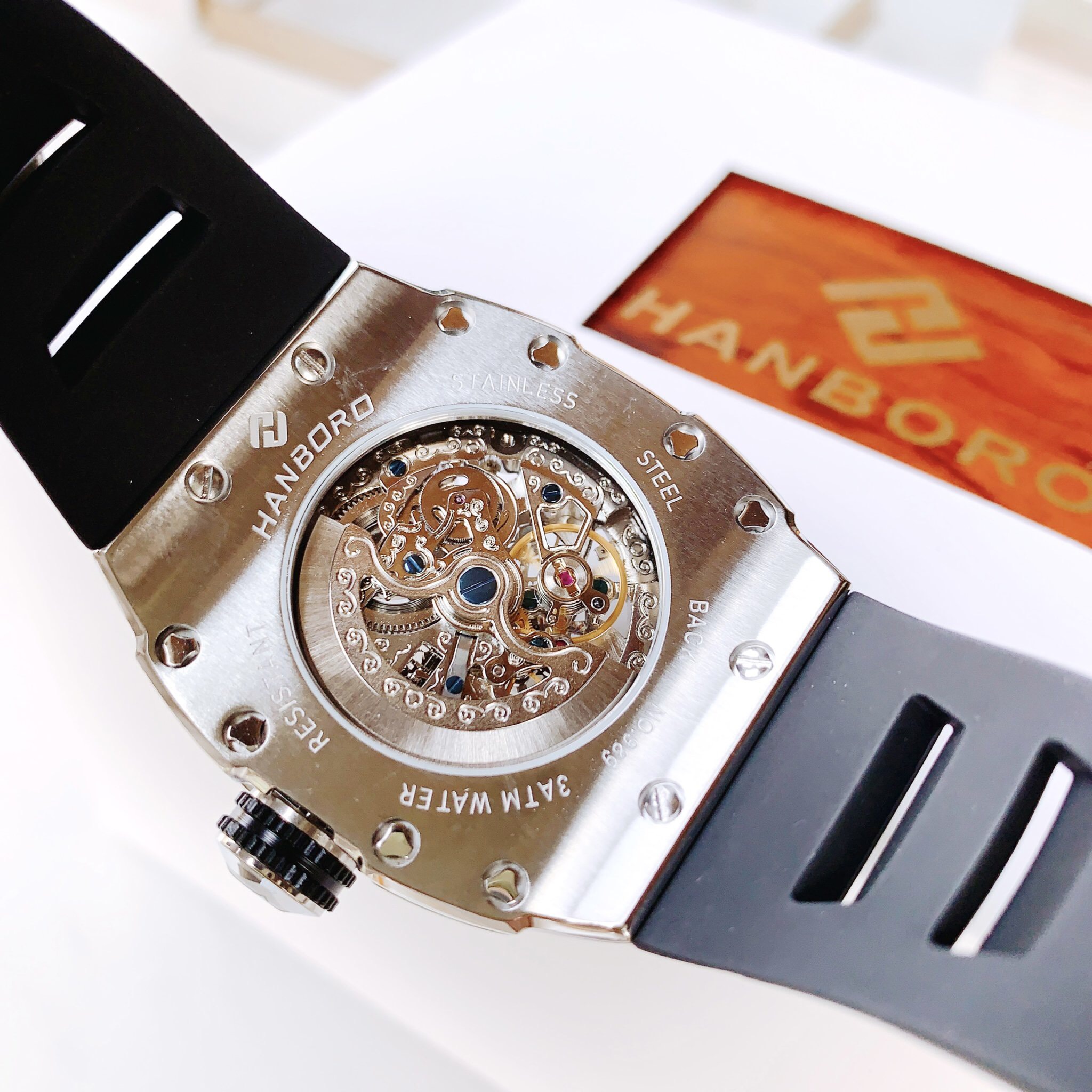 Đồng hồ cơ nam Hanboro Automatic chính hãng đính đá dây cao su Đồng hồ cơ nam Hanboro Automatic chính hãng đính đá dây cao su