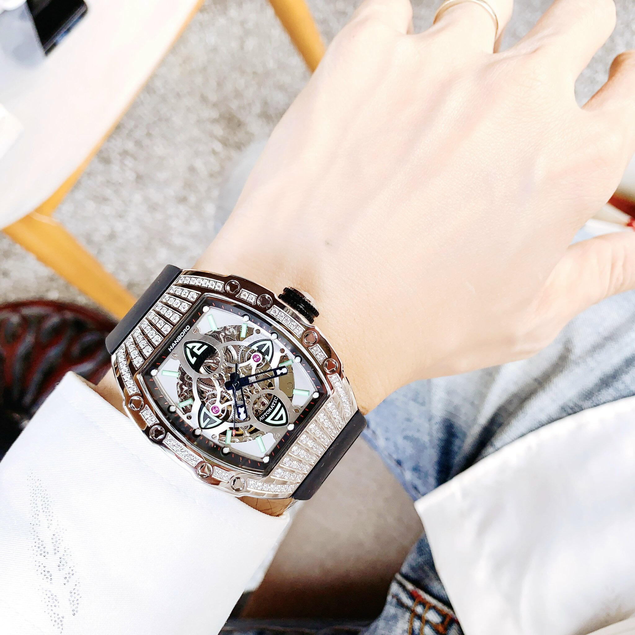 Đồng hồ cơ nam Hanboro Automatic chính hãng đính đá dây cao su Đồng hồ cơ nam Hanboro Automatic chính hãng đính đá dây cao su