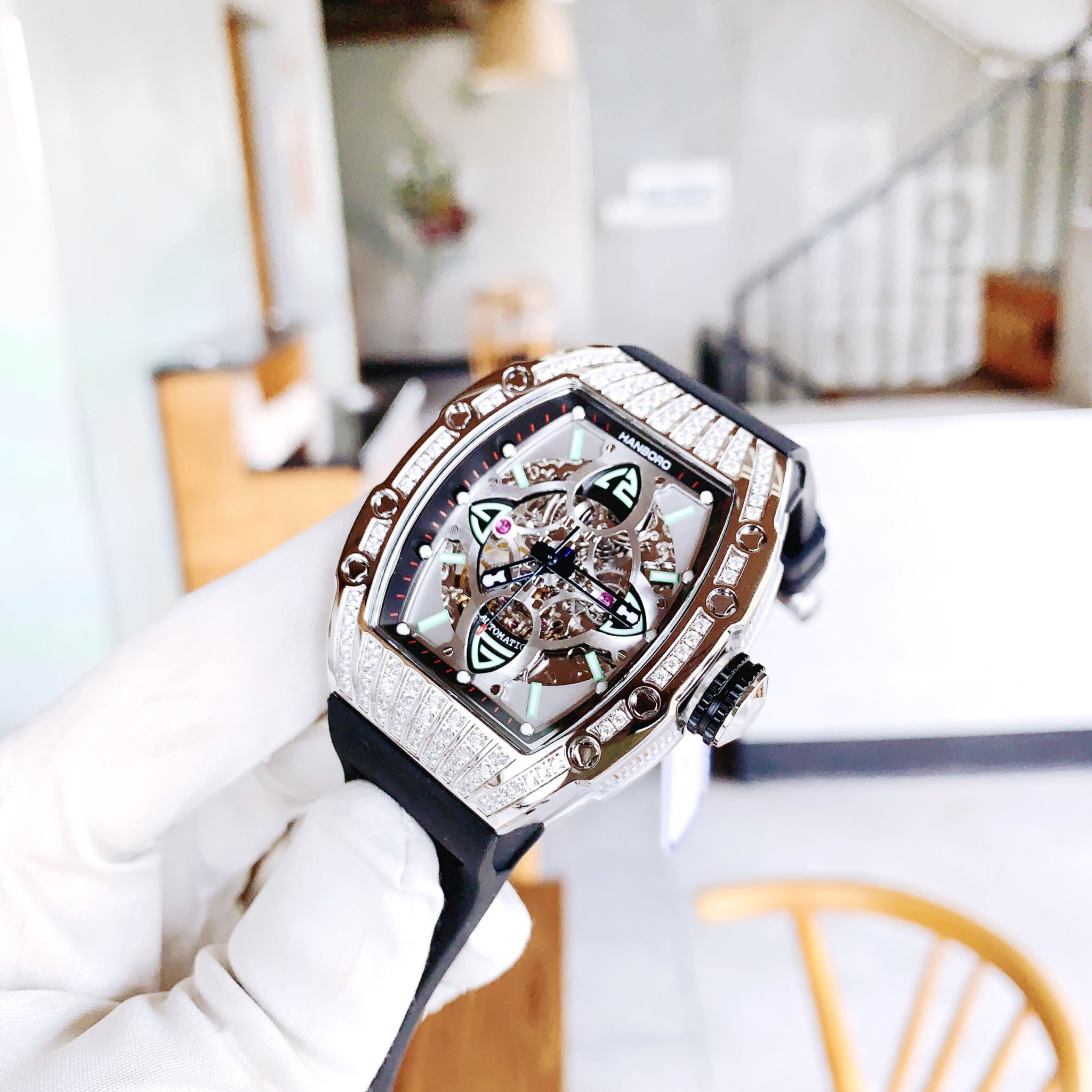 Đồng hồ cơ nam Hanboro Automatic chính hãng đính đá dây cao su Đồng hồ cơ nam Hanboro Automatic chính hãng đính đá dây cao su