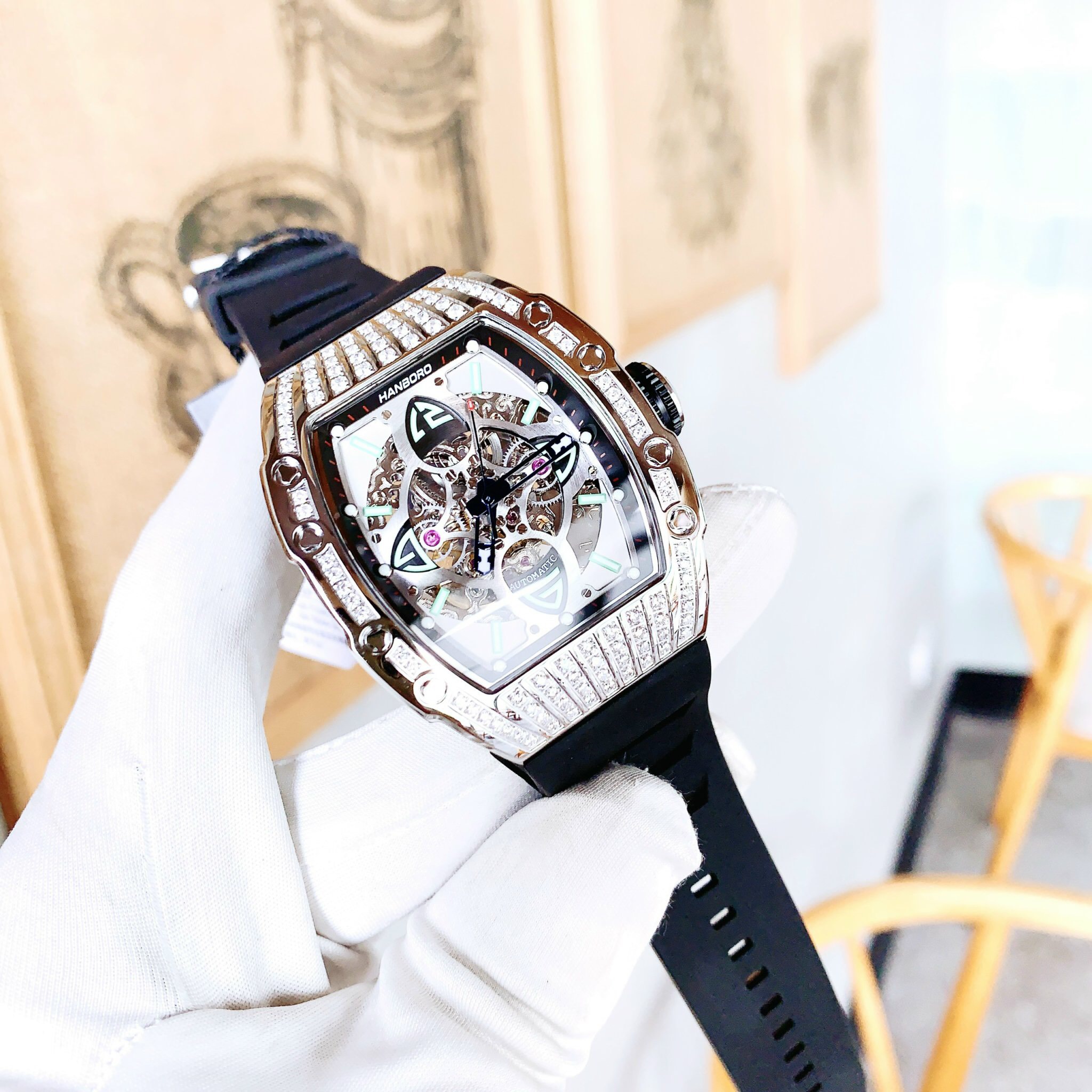 Đồng hồ cơ nam Hanboro Automatic chính hãng đính đá dây cao su Đồng hồ cơ nam Hanboro Automatic chính hãng đính đá dây cao su