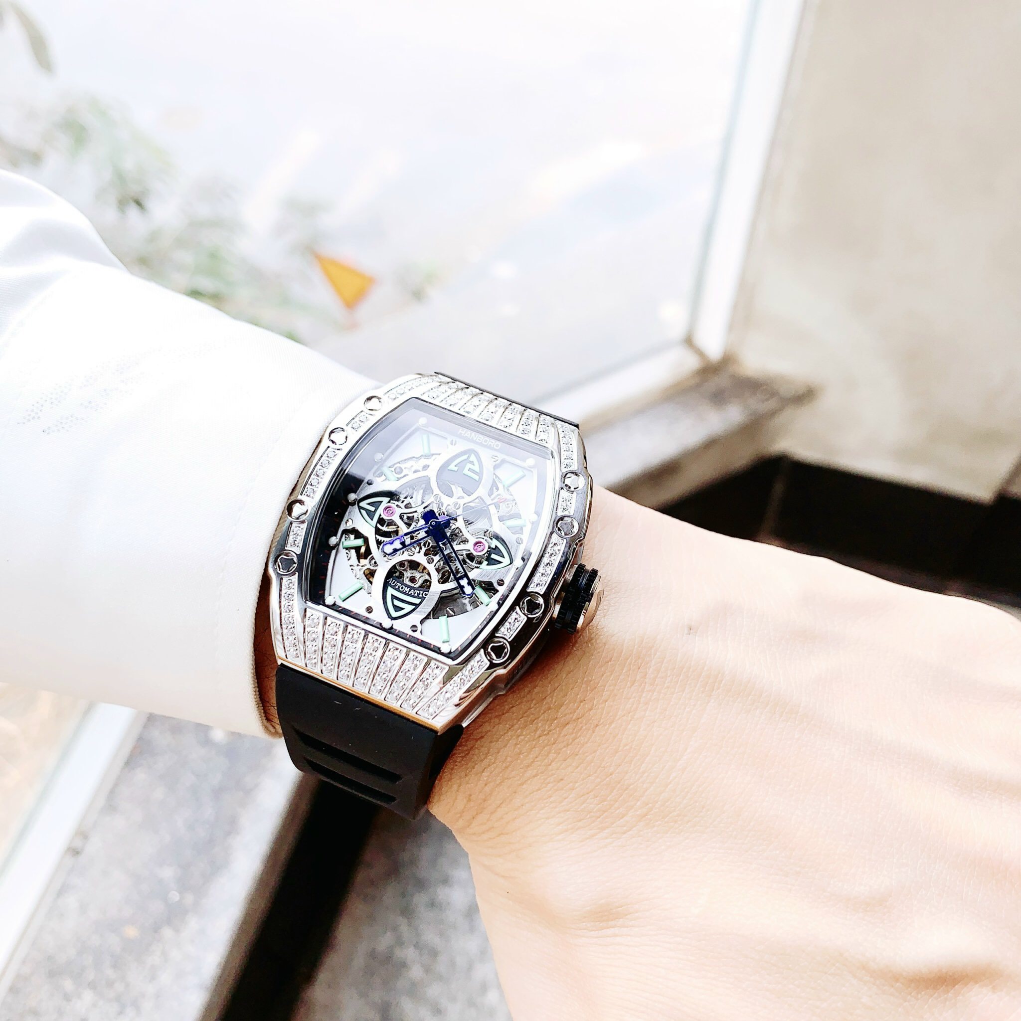 Đồng hồ cơ nam Hanboro Automatic chính hãng đính đá dây cao su Đồng hồ cơ nam Hanboro Automatic chính hãng đính đá dây cao su