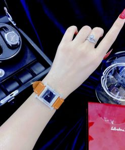 Đồng hồ Hermes nữ Like Auth mặt chữ nhật đính đá dây da 4 màu 26mm