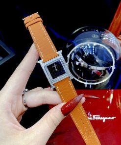 Đồng hồ Hermes nữ Like Auth mặt chữ nhật đính đá dây da 4 màu 26mm