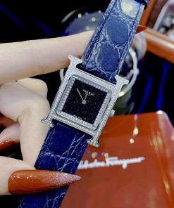 Đồng hồ Hermes nữ Like Auth mặt chữ nhật đính đá dây da 4 màu 26mm
