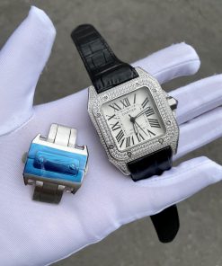 Đồng hồ nam đính đá Cartier Automatic Sliver dây da màu đen 40mm