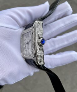 Đồng hồ nam đính đá Cartier Automatic Sliver dây da màu đen 40mm