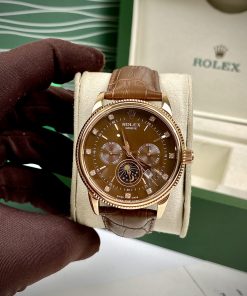 Đồng hồ Rolex Sun & Moon nam dây da màu nâu cọc số đính đá