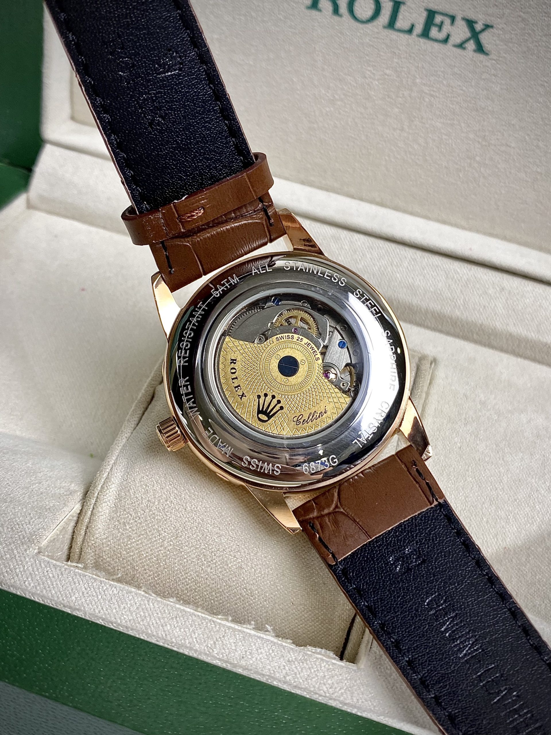 Đồng hồ Rolex Sun & Moon nam dây da màu nâu cọc số đính đá Đồng hồ Rolex Sun & Moon nam dây da màu nâu cọc số đính đá