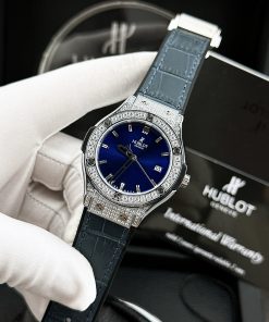 Đồng hồ Hublot giá rẻ nữ đính full đá màu xanh dương máy Nhật