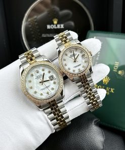 Đồng hồ cặp Rolex Datejust demi gold đính đá super fake 11 máy cơ 31/41mm