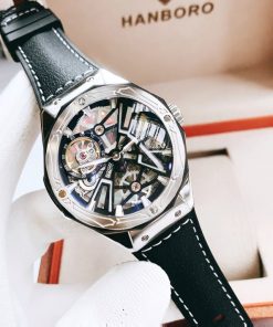 Đồng hồ cơ chính hãng Hanboro Automatic nam dây da mặt tròn 44mm