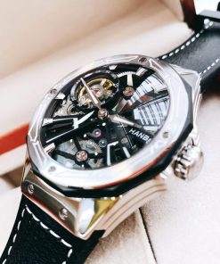 Đồng hồ cơ chính hãng Hanboro Automatic nam dây da mặt tròn 44mm