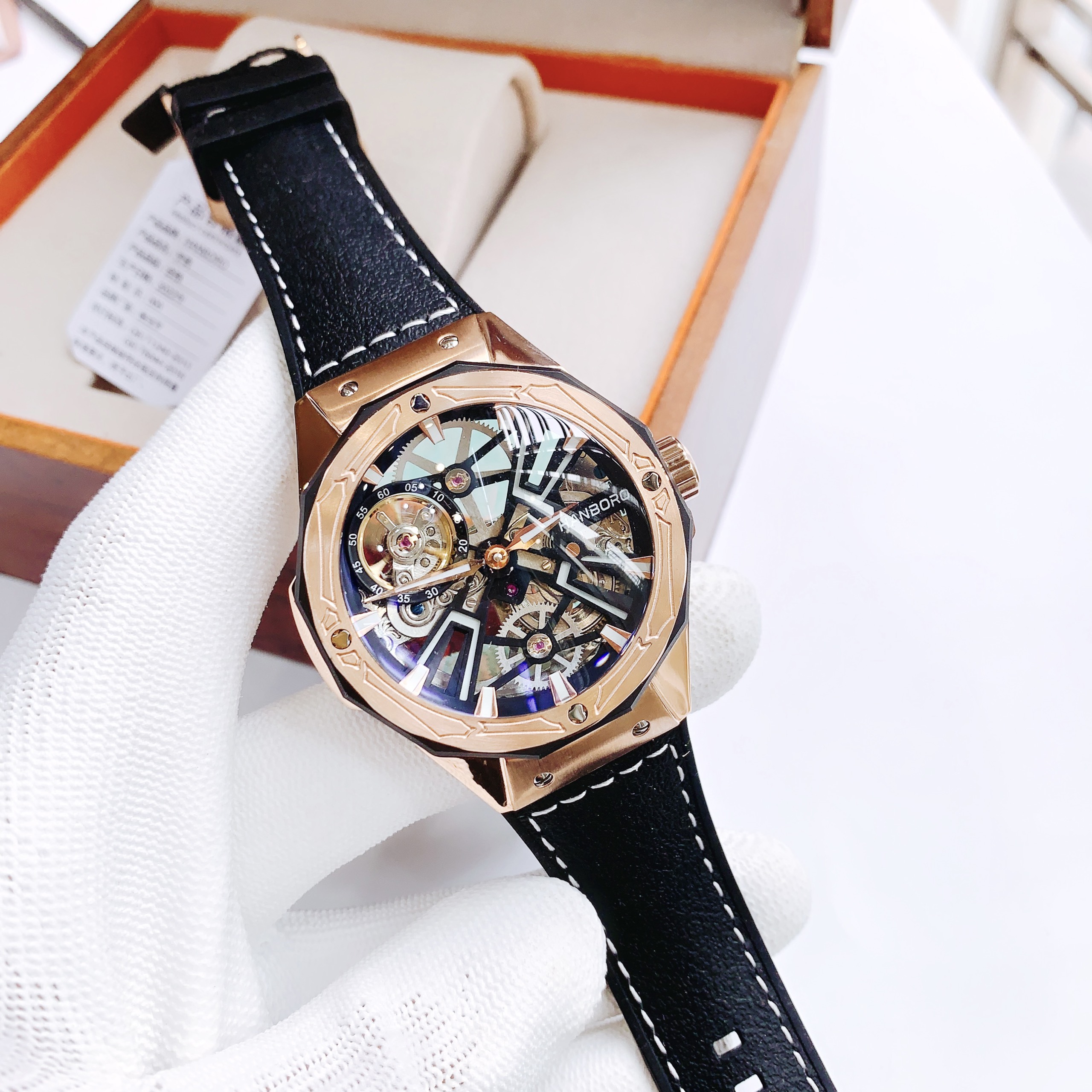 Đồng hồ cơ nam lộ máy Hanboro Rosegold chính hãng dây da 44mm Đồng hồ cơ nam lộ máy Hanboro Rosegold chính hãng dây da 44mm