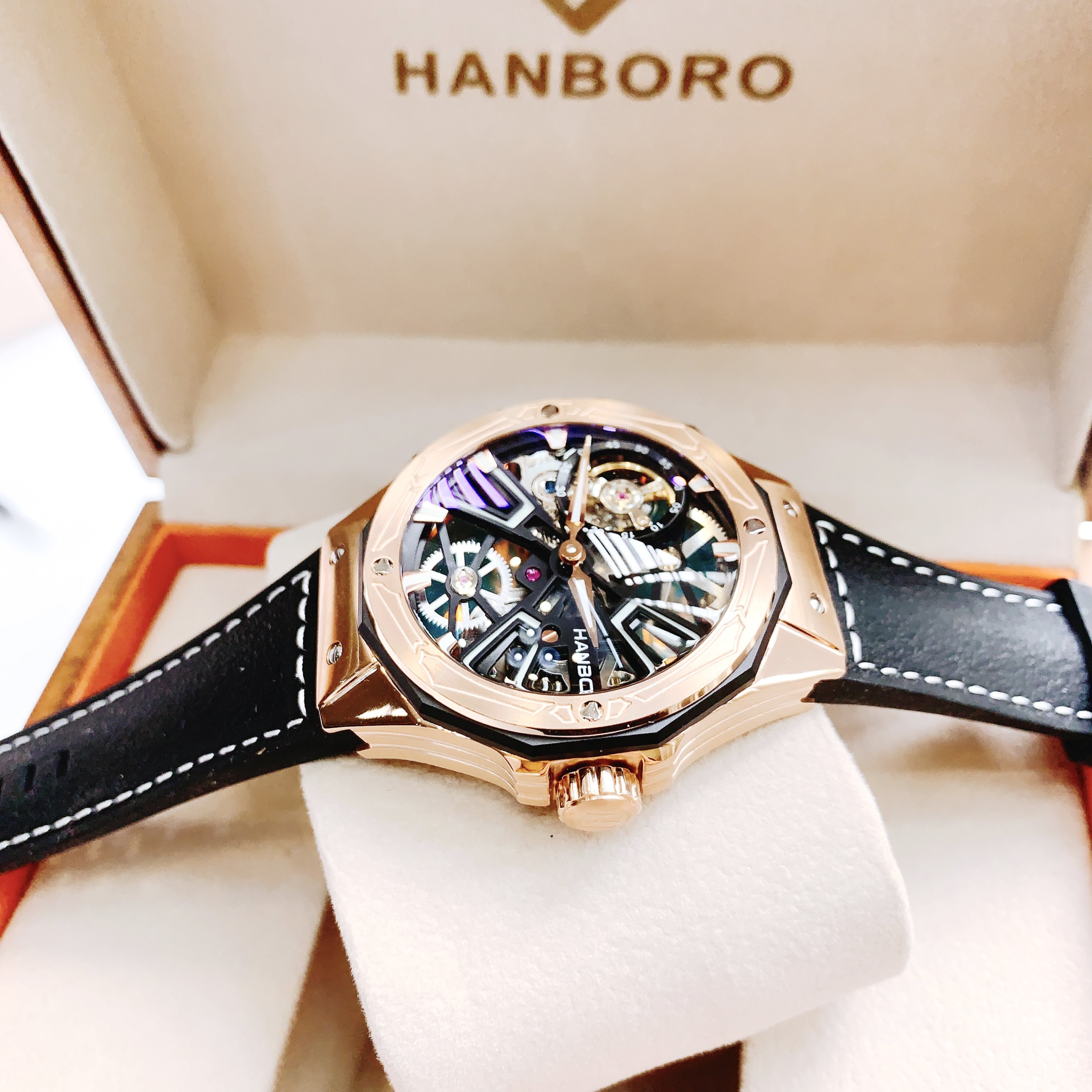 Đồng hồ cơ nam lộ máy Hanboro Rosegold chính hãng dây da 44mm Đồng hồ cơ nam lộ máy Hanboro Rosegold chính hãng dây da 44mm