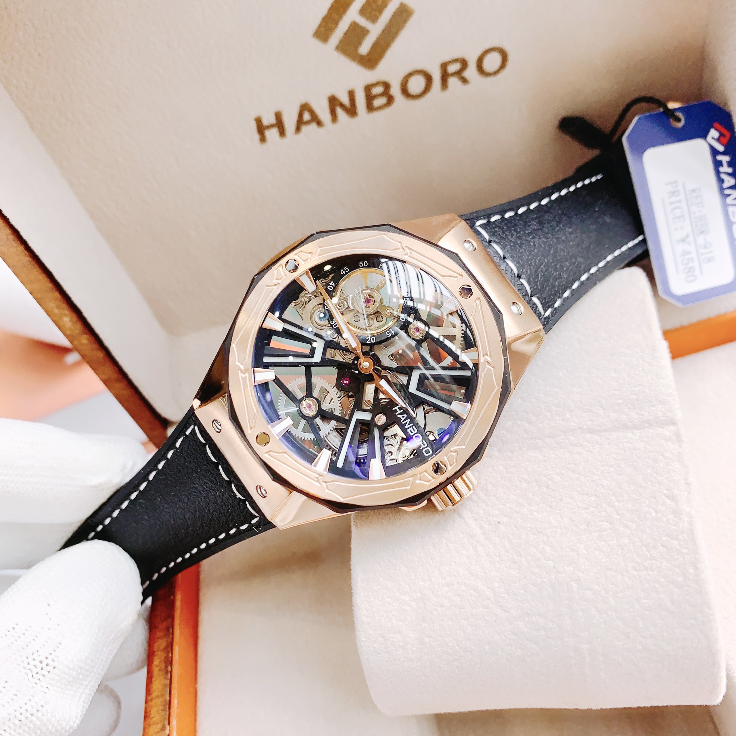 Đồng hồ cơ nam lộ máy Hanboro Rosegold chính hãng dây da 44mm Đồng hồ cơ nam lộ máy Hanboro Rosegold chính hãng dây da 44mm
