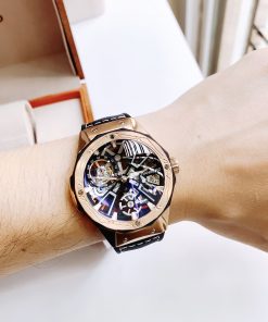 Đồng hồ cơ nam lộ máy Hanboro Rosegold chính hãng dây da 44mm