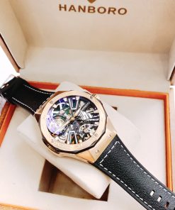 Đồng hồ cơ nam lộ máy Hanboro Rosegold chính hãng dây da 44mm