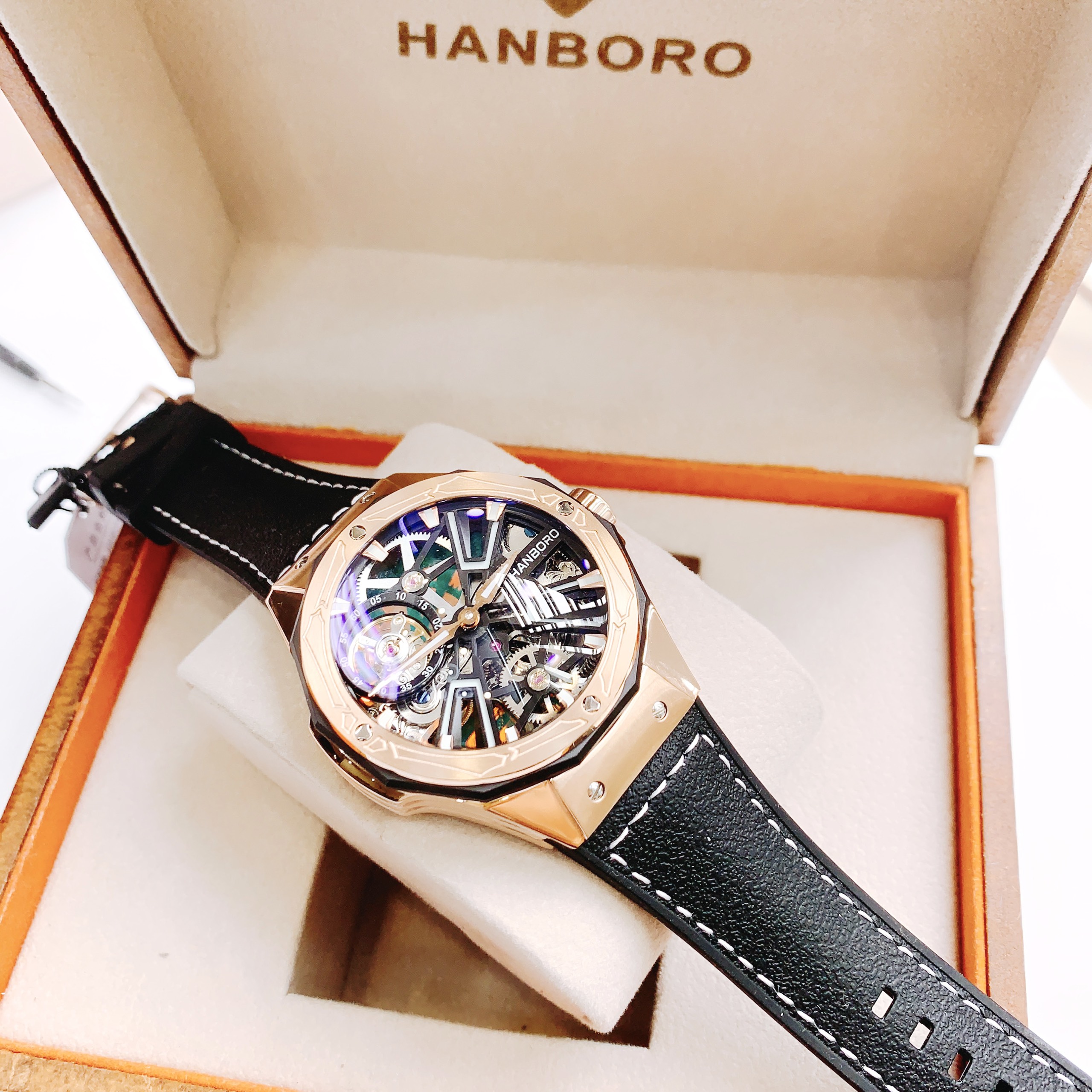 Đồng hồ cơ nam lộ máy Hanboro Rosegold chính hãng dây da 44mm Đồng hồ cơ nam lộ máy Hanboro Rosegold chính hãng dây da 44mm