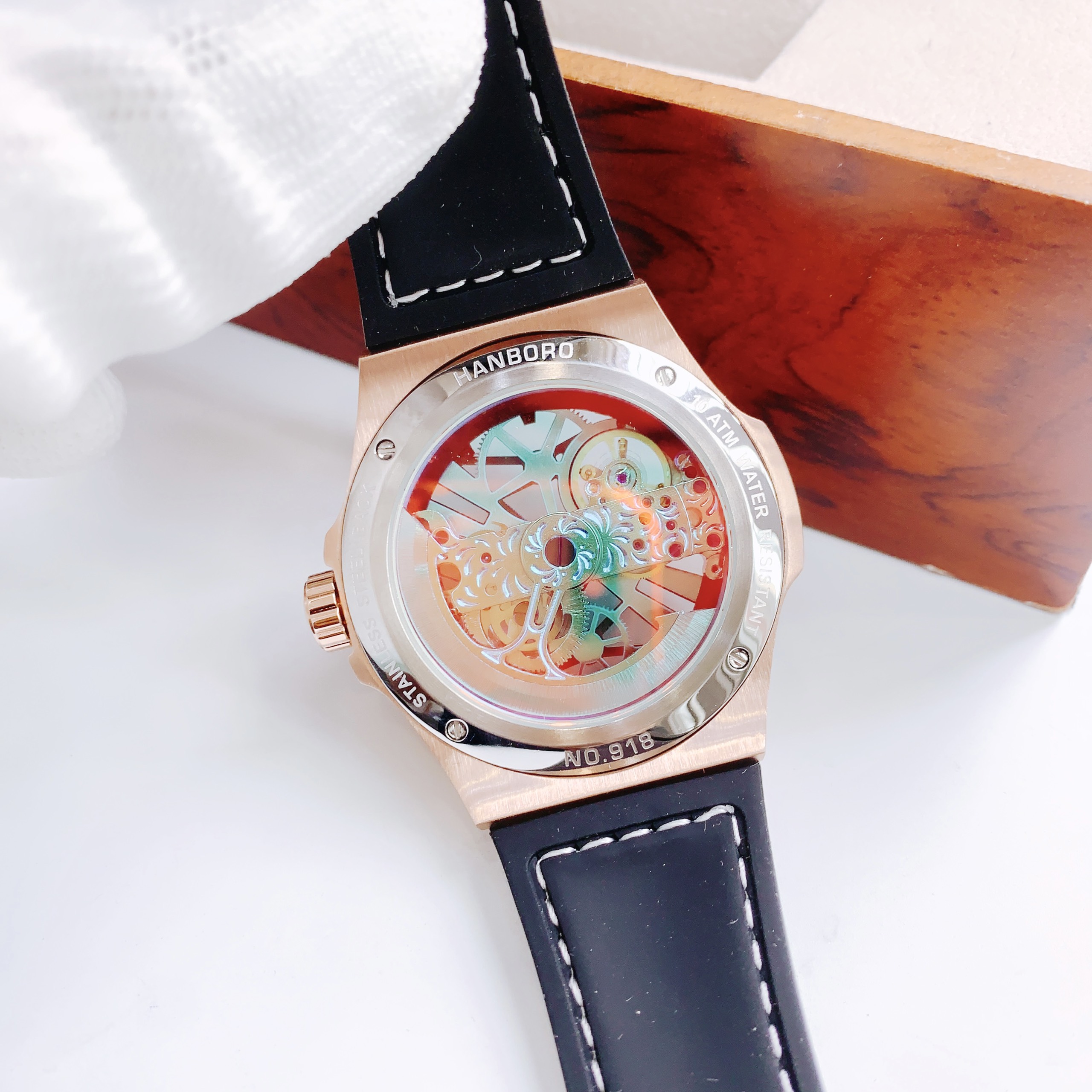 Đồng hồ cơ nam lộ máy Hanboro Rosegold chính hãng dây da 44mm Đồng hồ cơ nam lộ máy Hanboro Rosegold chính hãng dây da 44mm