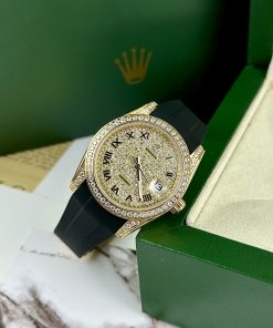 Đồng hồ đính đá Rolex Datejust máy Nhật mạ vàng dây cao su 40mm