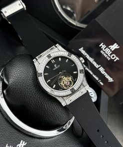 Đồng hồ đính đá Hublot cơ lộ máy Fake cao cấp máy Nhật màu đen