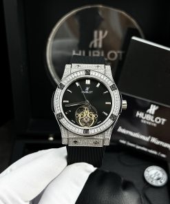 Đồng hồ đính đá Hublot cơ lộ máy Fake cao cấp máy Nhật màu đen