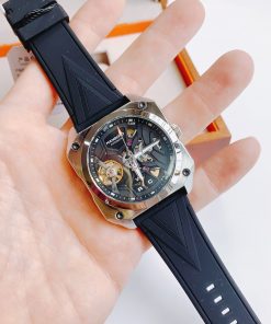 Đồng hồ mặt vuông Hanboro nam dây cao su màu đen chính hãng