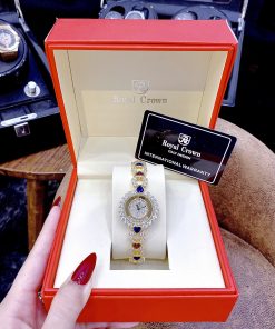 Đồng hồ nữ Royal Crown đính đá dây kim loại hình trái tim 33mm