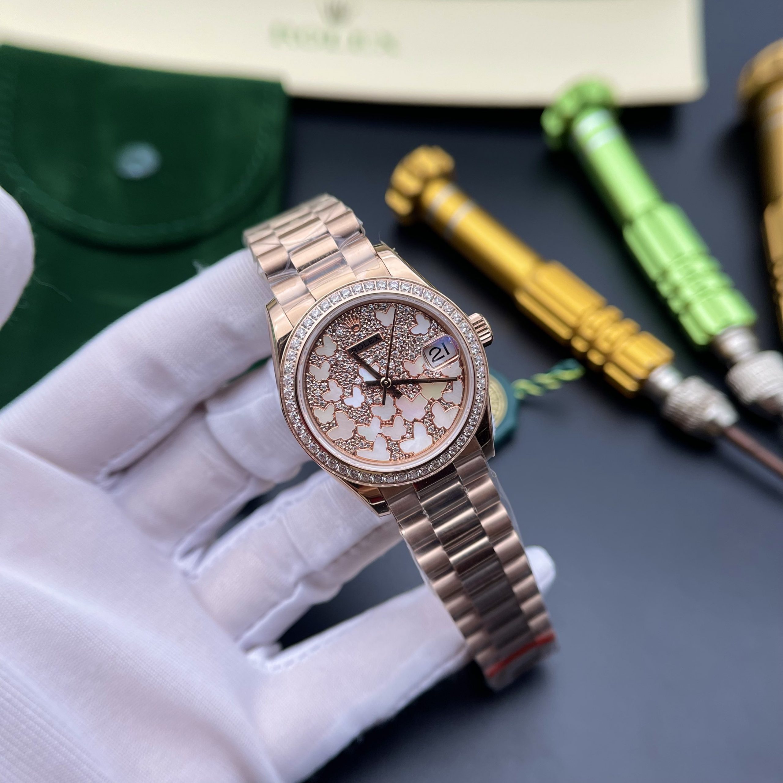 Đồng hồ nữ Rolex Datejust Replica 11 mặt số cánh bướm màu vàng hồng 31mm Đồng hồ nữ Rolex Datejust Replica 11 mặt số cánh bướm màu vàng hồng 31mm