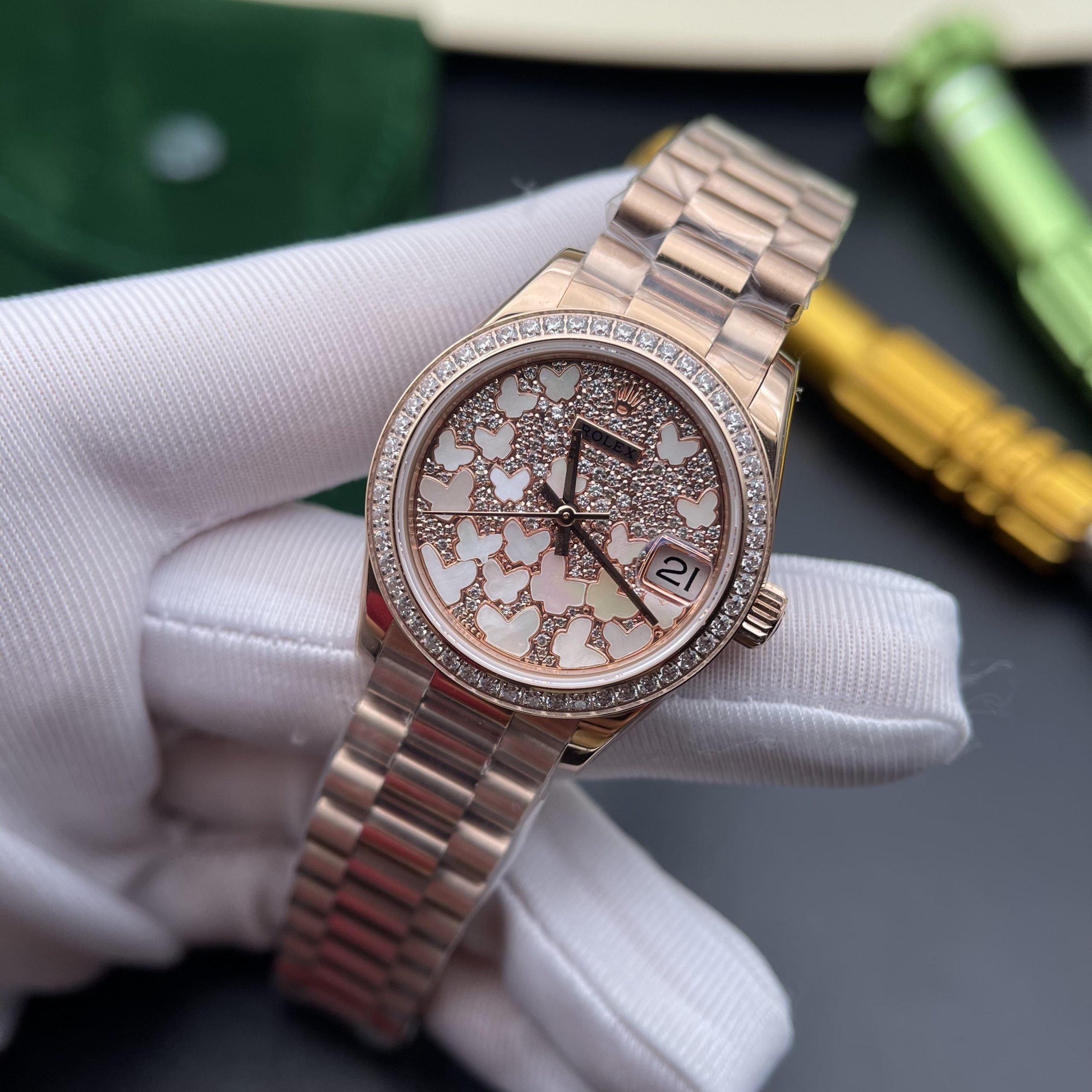 Đồng hồ nữ Rolex Datejust Replica 11 mặt số cánh bướm màu vàng hồng 31mm Đồng hồ nữ Rolex Datejust Replica 11 mặt số cánh bướm màu vàng hồng 31mm