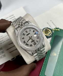 Đồng hồ Rolex DateJust fake cao cấp nam máy cơ đính full đá Swarovski dây kim loại 41mm