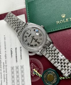 Đồng hồ Rolex DateJust fake cao cấp nam máy cơ đính full đá Swarovski dây kim loại 41mm