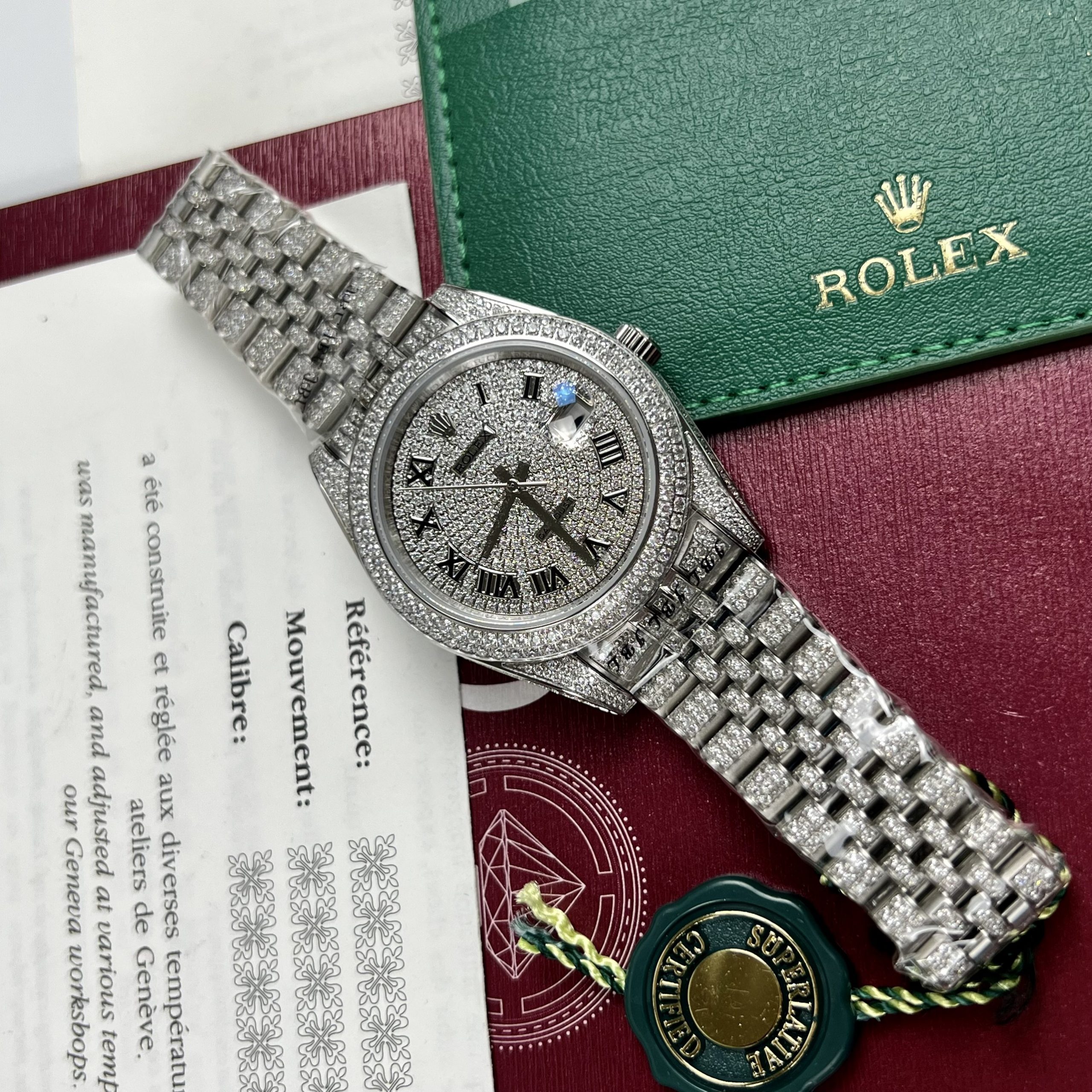 Đồng hồ Rolex DateJust fake cao cấp nam máy cơ đính full đá Swarovski dây kim loại 41mm Đồng hồ Rolex DateJust fake cao cấp nam máy cơ đính full đá Swarovski dây kim loại 41mm