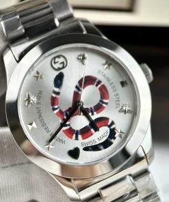 Đồng hồ đôi Gucci rắn dây kim loại mặt trắng like auth 28/38mm