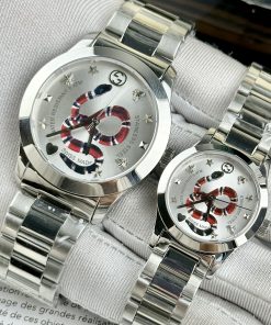 Đồng hồ đôi Gucci rắn dây kim loại mặt trắng like auth 28/38mm