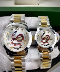 Đồng hồ đôi Gucci Rắn dây kim loại màu demi like auth 28/38mm
