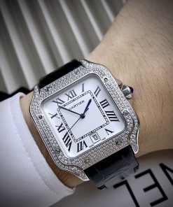 Đồng hồ Cartier Santos nam đính đá mặt vuông dây da 40mm (5)