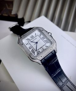 Đồng hồ Cartier Santos nam đính đá mặt vuông dây da 40mm (5)
