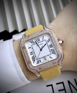 Đồng hồ Cartier Santos nam đính đá mặt vuông dây da 40mm (5)