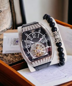 Đồng hồ Hanboro nam mặt đen viền đính đá chính hãng 43mm (1)