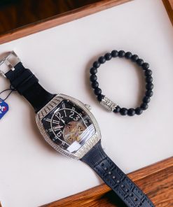 Đồng hồ Hanboro nam mặt đen viền đính đá chính hãng 43mm (1)