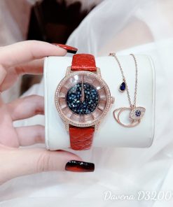 Đồng hồ nữ Davena 32009 dây da đỏ đính đá chính hãng 34mm (1)