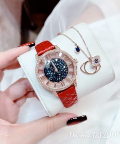 Đồng hồ nữ Davena 32009 dây da đỏ đính đá chính hãng 34mm (1)