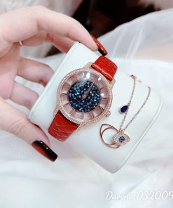 Đồng hồ nữ Davena 32009 dây da đỏ đính đá chính hãng 34mm (1)