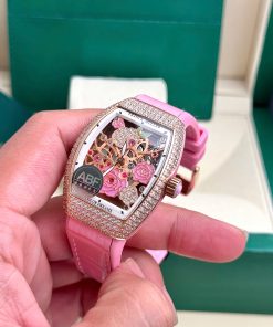 Đồng hồ Franck Muller V32 nữ đính đá dây cao su màu hồng 36mm (5)