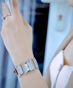 Đồng hồ HERMÈS Klikti nữ thép trắng dây da xám đính full đá 22x21mm (1)