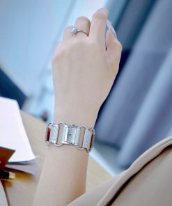 Đồng hồ HERMÈS Klikti nữ thép trắng dây da xám đính full đá 22x21mm (1)