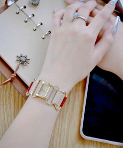 Đồng hồ HERMÈS Klikti nữ vàng gold dây da đỏ đính full đá 22x21mm (7)